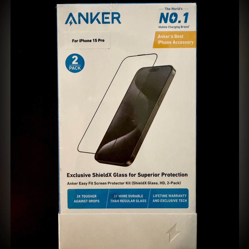 Anker 2-Pack Screen Protector Kit (ShieldX HD Tempered Glass)- iPhone 15 Pro